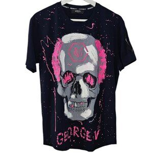Avenue George V Paris Skull T-Shirt, Splatter Print, Graphic, Blue, Size Large